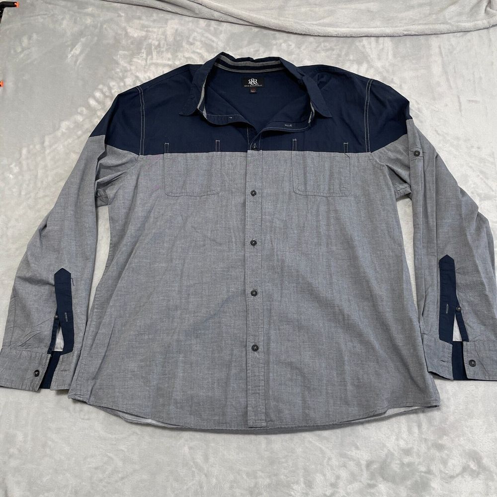 Rock&Republic Shirt Mens‎ XXL Blue Grey Color Block Roll Tab Western Biker Party